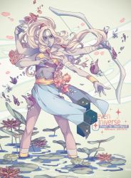 Rule 34 | 1girl, aiming, artist name, bandages, blonde hair, bow (weapon), colored skin, dated, extra arms, flower, forehead jewel, fusion, hair tubes, half updo, lily pad, opal (steven universe), partially submerged, ponytail, purple skin, rose, skirt, solo, steven universe, twintails, wading, weapon, wenny02, wrist cuffs