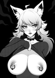 Rule 34 | 1girl, animal ear fluff, animal ear piercing, animal ears, artist name, brassica, breasts, cleavage, clothes lift, collar, collarbone, commission, eyelashes, greyscale, highres, large breasts, lifted by self, long hair, long sleeves, monochrome, nipple piercing, nipples, original, piercing, shirt lift, solo, spiked collar, spikes, thick lips, upper body