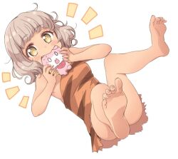 Rule 34 | 1girl, animal print, ass, bare legs, bare shoulders, barefoot, blush, breasts, brown hair, commentary request, curly hair, dress, eating, fang, feet, foot focus, full body, looking at viewer, mouth hold, nervous sweating, notice lines, open mouth, orange dress, pretty series, pretty series, pripara, scared, short hair, simple background, small breasts, soles, solo, stuffed animal, stuffed rabbit, stuffed toy, sweat, taiyo pepper, tiger print, toes, tokunou shoutarou, usacha, white background, yellow eyes