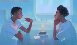 Rule 34 | 2boys, afro, arm on table, black hair, blue background, braid, brown eyes, cake, cake slice, candle, chinese commentary, closed eyes, commentary request, cooking pot, dark-skinned male, dark persona, dark skin, dual persona, elbows on table, face-to-face, fire, food, from side, hands on own chin, highres, icing, indoors, interlocked fingers, kitchen, lingcod dayu, long hair, looking at another, male focus, marvel, miles g. morales, miles morales, multiple boys, napkin, own hands clasped, own hands together, parted lips, plate, reflective table, shirt, short hair, short sleeves, single braid, sink, sitting, soap bottle, spider-man: across the spider-verse, spider-man (series), spider-verse, t-shirt, talking, thick eyebrows, upper body, very dark skin, white shirt, white sleeves, wide sleeves, window