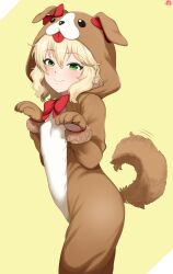 Rule 34 | 1girl, absurdres, alternate costume, animal costume, animal hands, animal hood, blonde hair, blush, bow, bowtie, dog costume, dog hood, dog tail, gloves, hands up, highres, hood, hood up, idolmaster, idolmaster cinderella girls, looking at viewer, mrhunking, paw gloves, red bow, red bowtie, sakurai momoka, simple background, smile, solo, tail