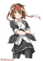 Rule 34 | 1girl, adapted costume, black gloves, black pantyhose, blazer, brown eyes, brown hair, cowboy shot, ebifurya, gloves, headband, highres, jacket, kantai collection, open clothes, open jacket, pantyhose, parted lips, partially fingerless gloves, pleated skirt, red headband, shirt, short hair, signature, simple background, skirt, sleeves pushed up, solo, twitter username, untucked shirt, wakaba (kancolle), white background, white shirt