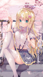 Rule 34 | 1girl, arm up, bag, black footwear, blonde hair, bow, breasts, collared shirt, commentary request, dress shirt, frilled skirt, frills, green eyes, grey skirt, hair between eyes, hair bow, highres, holding, holding umbrella, knee up, loafers, long hair, medium breasts, midriff peek, neck ribbon, original, pink bow, pink ribbon, pleated skirt, puffy short sleeves, puffy sleeves, railing, ribbon, school bag, school uniform, see-through, shirt, shoes, short sleeves, sitting, skirt, solo, sousouman, thighhighs, transparent, transparent umbrella, tree, umbrella, very long hair, wet, wet clothes, wet shirt, white shirt, white thighhighs