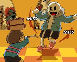 Rule 34 | 2girls, 3boys, 3others, against window, alphys, black shorts, bob cut, brown hair, buck teeth, burgerpants, checkered floor, commentary, food, food on head, frisk (undertale), furry, gameplay mechanics, ghost, glasses, hat, hood, hoodie, horns, hot dog, mettaton, mettaton (box), monster girl, monster kid (undertale), multiple boys, multiple girls, multiple others, napstablook, object on head, pac-man eyes, pink footwear, ponytail, sans (undertale), sharp teeth, shorts, shrugging, skeleton, slippers, spoilers, stick, striped clothes, striped sweater, sweater, teeth, tongue, tongue out, top hat, toriel, undertale, undyne