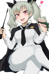 Rule 34 | 10s, 1girl, anchovy (girls und panzer), anzio school uniform, black cape, black necktie, black ribbon, black skirt, blush, cape, commentary, dress shirt, drill hair, emblem, fang, gift, girls und panzer, green hair, hair ribbon, heart, heart-shaped pupils, highres, holding, holding gift, holding riding crop, hotate-chan, invisible chair, legs, long hair, long sleeves, looking at viewer, miniskirt, necktie, open mouth, pantyhose, pleated skirt, red eyes, ribbon, riding crop, school uniform, shirt, sitting, skirt, smile, solo, symbol-shaped pupils, thighs, twin drills, twintails, valentine, white background, white pantyhose, white shirt, wing collar
