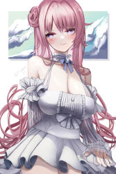 bare_shoulders blush braid breasts cleavage closed_mouth cowboy_shot detached_sleeves dorothy_(nikke) dress frilled_dress frills goddess_of_victory:_nikke hair_bun kainines large_breasts long_hair pink_hair purple_eyes purple_ribbon ribbon smile twitter_username white_dress