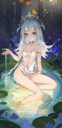 Rule 34 | 1girl, absurdres, akizero1510, anklet, armlet, bare legs, barefoot, blue eyes, blue flower, blue hair, blush, closed mouth, fins, fish tail, flower, food, fruit, full body, gawr gura, halterneck, highres, hololive, hololive english, jewelry, long hair, looking at viewer, multicolored hair, nature, purple flower, shark tail, sitting, sitting on water, smile, solo, streaked hair, tail, two side up, virtual youtuber, water, white hair
