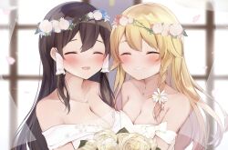 Rule 34 | 2girls, :d, asymmetrical docking, bare shoulders, blonde hair, blush, bouquet, braid, breast press, breasts, bride, brown hair, cleavage, closed eyes, collarbone, commentary request, dress, female focus, flower, grin, hair tubes, hakurei reimu, happy, head wreath, heart, heart necklace, highres, jewelry, karasusou nano, kirisame marisa, large breasts, long hair, medium breasts, multiple girls, necklace, off-shoulder dress, off shoulder, open mouth, single braid, smile, strapless, strapless dress, touhou, upper body, wedding, wedding dress, white dress, wife and wife, yuri