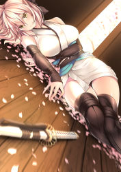 Rule 34 | 1girl, armor, bare shoulders, black bow, black thighhighs, blonde hair, bow, breast hold, breasts, commentary request, fate (series), hair bow, hatori mia, highres, indoors, japanese armor, japanese clothes, katana, kimono, kote, large breasts, looking at viewer, lying, obi, okita souji (fate), okita souji (koha-ace), on floor, on side, petals, sash, shiny skin, short hair, short kimono, sleeveless, sleeveless kimono, smile, solo, sword, thighhighs, thighs, weapon, white kimono, yellow eyes