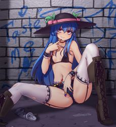 Rule 34 | 1girl, alternate costume, belt, bikini, bikini top only, black bikini, blue hair, blush, boots, breasts, brick wall, brown footwear, can, choker, cross-laced footwear, denim, denim shorts, food, fruit, garter straps, graffiti, hat, hater (hatater), high heel boots, high heels, highres, hinanawi tenshi, labia piercing, lace-up boots, leaf, long hair, looking at viewer, nail polish, navel, navel piercing, peach, piercing, pussy piercing, red eyes, short shorts, shorts, sitting, small breasts, smile, solo, spread legs, spread pussy under clothes, studded bracelet, swimsuit, thighhighs, torn clothes, torn thighhighs, touhou, v, very long hair, wall, white thighhighs