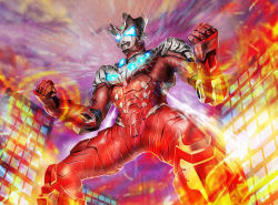 Rule 34 | 1boy, alien, armor, blue eyes, building, burning, burning building, clenched hands, color timer, commentary request, fire, forehead jewel, from below, giant, glowing, glowing eyes, horns, male focus, steam, steaming body, ultra series, ultraman geed, ultraman geed (series), yasukuni kazumasa