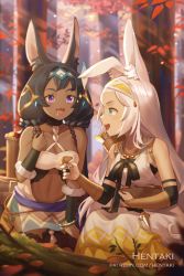 Rule 34 | 2girls, :d, animal ears, artist name, bandeau, bare shoulders, black hair, blue eyes, blurry, blurry background, blurry foreground, blush, bowl, breasts, character request, cleavage, collarbone, commentary, dark-skinned female, dark skin, day, depth of field, dragalia lost, dress, drooling, english commentary, headpiece, hentaki, highres, holding, holding bowl, holding mushroom, laranoa (dragalia lost), long hair, medium breasts, multiple girls, mushroom, navel, open mouth, outdoors, profile, purple eyes, rabbit ears, rabbit girl, saliva, sarisse (dragalia lost), skirt, sleeveless, sleeveless dress, smile, sparkle, tree, very long hair, watermark, web address, white bandeau, white dress, white hair, white skirt