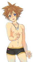 Rule 34 | 1boy, bad id, bad pixiv id, blue eyes, boxer briefs, brown hair, bulge, highres, jewelry, kalechip, kingdom hearts, male focus, male underwear, navel, necklace, open mouth, short hair, solo, sora (kingdom hearts), underwear