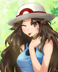 Rule 34 | 1girl, artist name, bare shoulders, blue nails, blue shirt, blush, breasts, brown eyes, brown hair, closed mouth, creatures (company), female focus, fingernails, game freak, green (pokemon), green background, hand up, happy, hat, highres, leaf, leaf (pokemon), looking at viewer, matching hair/eyes, medium breasts, nail polish, nintendo, one eye closed, pokemon, pokemon frlg, shirt, signature, simplyseed, sleeveless, sleeveless shirt, smile, solo, tongue, tongue out, upper body, white hat, wink
