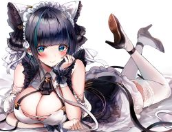 Rule 34 | 1girl, absurdres, aqua eyes, arm under breasts, azur lane, bare shoulders, black dress, black footwear, black ribbon, blunt bangs, blush, breast rest, breasts, cheshire (azur lane), cleavage, cleavage cutout, closed mouth, clothing cutout, crossed ankles, dress, hand up, high heels, highres, large breasts, legs up, light smile, looking at viewer, lying, maid headdress, multicolored hair, on stomach, paw print, ribbon, sak (lemondisk), shiny skin, short hair, solo, streaked hair, thighhighs, thighs, white background, wrist cuffs