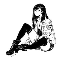 Rule 34 | 1girl, ankle boots, bags under eyes, boots, closed mouth, copyright request, cross-laced footwear, greyscale, high heel boots, high heels, jacket, jitome, lace-up boots, long hair, long sleeves, looking at viewer, monochrome, open clothes, open jacket, ruukii drift, simple background, sitting, solo, thighhighs, white background