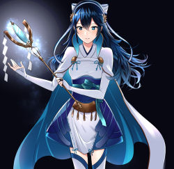Rule 34 | 1girl, alternate costume, ameno (a meno0), aqua bow, blue eyes, blue hair, bow, breasts, cape, commentary request, cosplay, elbow gloves, fire emblem, fire emblem awakening, floating cape, floating hair, gloves, hair between eyes, hair bow, hair ornament, japanese clothes, long hair, looking at viewer, lucina (fire emblem), nintendo, nontraditional miko, sakura (fire emblem), sakura (fire emblem) (cosplay), sidelocks, simple background, small breasts, solo, staff, standing, striped, striped bow, symbol-shaped pupils, thighhighs, thighs, white gloves, white thighhighs, zettai ryouiki