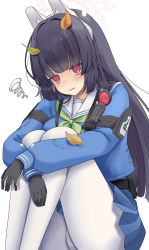 Rule 34 | 1girl, @ @, absurdres, animal ears, armband, belt, belt pouch, black gloves, black hairband, blue archive, blue skirt, blush, fake animal ears, footprints, gloves, hairband, halo, highres, leaf, leaf on head, long hair, miyu (blue archive), multicolored clothes, multicolored gloves, pantyhose, parted lips, pouch, scribble, sentouryoku 5, simple background, sitting, skirt, solo, sweat, sweatdrop, two-tone gloves, white background, white gloves, white pantyhose