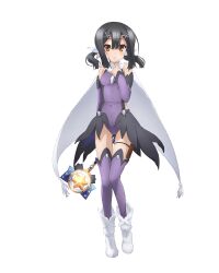 Rule 34 | 1girl, bare shoulders, black hair, boots, breasts, cape, closed mouth, commentary request, detached sleeves, fate/grand order, fate/kaleid liner prisma illya, fate (series), full body, hair ornament, hairclip, holding, holding staff, kaleidostick, leotard, long hair, looking at viewer, low twintails, magical girl, magical sapphire, miyu edelfelt, official art, purple leotard, purple sleeves, purple thighhighs, sidelocks, simple background, skirt, small breasts, solo, staff, standing, star (symbol), thighhighs, thighhighs under boots, thighs, twintails, white background, white cape, white footwear, x hair ornament, yellow eyes