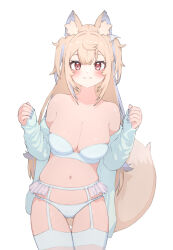 Rule 34 | 1girl, :3, animal ear fluff, animal ears, bare shoulders, blonde hair, blue eyes, blush, bra, breasts, colored inner animal ears, commentary, contrapposto, cowboy shot, dog ears, dog tail, fangs, fuwawa abyssgard, garter belt, gluteal fold, hands up, highres, hololive, hololive english, jacket, large breasts, long hair, looking at viewer, multicolored hair, navel, nezunayu, off shoulder, pink eyes, simple background, sleeves past wrists, solo, straight-on, streaked hair, tail, thigh gap, thighhighs, thighs, two side up, underwear, virtual youtuber, white background, white bra, white jacket, white thighhighs