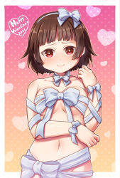Rule 34 | 1girl, artist name, artist request, bare shoulders, blush, bow, bowtie, braid, breasts, brown hair, close-up, collarbone, crown braid, female focus, hair bow, hairband, heart, heart (symbol), heart background, highres, looking at viewer, medium breasts, bowtie, niijima makoto, persona, persona 5, persona 5 the royal, pink background, polka dot, polka dot background, red eyes, ribbon, short hair, solo, white bow, white hairband, white ribbon, wrist bow, yuigata (somokosukosu69), yuigata 32rugi