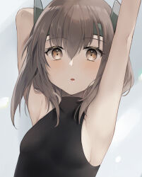 Rule 34 | 1girl, armpits, arms up, black shirt, breasts, brown eyes, brown hair, commentary request, commission, hatomaru (hatomaru56), headband, headgear, highres, kantai collection, medium hair, shirt, skeb commission, sleeveless, sleeveless turtleneck, small breasts, solo, taihou (kancolle), turtleneck, upper body