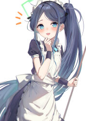 Rule 34 | 1girl, :d, absurdly long hair, apron, aqua ribbon, aris (blue archive), aris (maid) (blue archive), black dress, black hair, black wristband, blue archive, blue eyes, commentary request, dress, frilled apron, frills, green halo, halo, hanamaru tsubaki, hand on own chin, highres, holding, holding mop, long hair, maid, maid apron, maid headdress, mop, notice lines, official alternate costume, open mouth, parted bangs, ponytail, puffy short sleeves, puffy sleeves, ribbon, short sleeves, simple background, smile, solo, rectangular halo, very long hair, white apron, white background