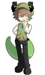 Rule 34 | 1boy, belt, blush stickers, brooch, brown hair, full body, gorancho, green eyes, happy, hat, highres, horns, humanization, jewelry, kokum0tsu, looking at viewer, looking to the side, male focus, monster boy, open mouth, original, pointing, shaped pupil, short hair, smile, solo, solo focus, sweater, sweater vest, tail, white background