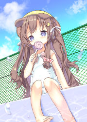 Rule 34 | 1girl, absurdres, animal ears, azur lane, barefoot, blue eyes, braid, brown hair, candy, chain-link fence, child, cloud, commentary request, crescent, crescent hair ornament, dog ears, eating, fence, food, fumizuki (azur lane), hair ornament, hairclip, hat, highres, legs, lollipop, long hair, one-piece swimsuit, outdoors, pinky out, poolside, ribbon, school hat, school swimsuit, sitting, sky, solo, swimsuit, toes, very long hair, water, white one-piece swimsuit, white school swimsuit, yellow hat, yuru (xxyuruxx)