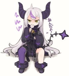 Rule 34 | 1girl, ahoge, braid, candy, collar, demon girl, demon horns, demon tail, food, full body, grey hair, highres, hololive, horns, la+ darknesss, lollipop, long hair, multicolored hair, purple hair, sitting, sleeves past wrists, solo, streaked hair, striped horns, tail, tonton (tonz159), translation request, very long hair, virtual youtuber, yellow eyes