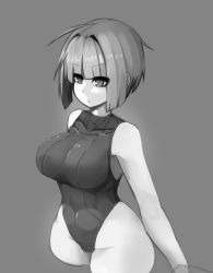Rule 34 | 1girl, bare arms, bare shoulders, blunt bangs, breasts, commentary, cowboy shot, cropped legs, expressionless, grey background, greyscale, hair intakes, highres, large breasts, leotard, monochrome, original, short hair, simple background, sketch, solo, standing, sub-res