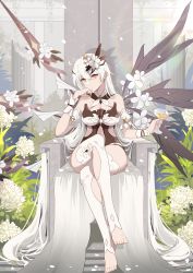Rule 34 | 1girl, absurdres, ahoge, bare shoulders, breasts, cleavage, clothing cutout, crossed legs, cuffs, cup, detached collar, detached sleeves, drinking glass, expressionless, flower, full body, hair between eyes, hair flower, hair ornament, head rest, highres, holding, holding cup, honkai (series), honkai impact 3rd, jewelry, kiana kaslana, kiana kaslana (herrscher of the void), long hair, looking at viewer, medium breasts, mush (mushlicious), navel cutout, sidelocks, sitting, solo, symbol-shaped pupils, thighhighs, throne, toeless legwear, toes, very long hair, white flower, white hair, white thighhighs, wine glass, wings, yellow eyes