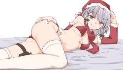 Rule 34 | 1girl, alternate costume, ass, bare shoulders, bikini, blue eyes, braid, breasts, commentary, detached sleeves, elbow rest, fur-trimmed sleeves, fur trim, grey hair, hand on own ass, hat, highres, holster, izayoi sakuya, looking at viewer, lying, medium breasts, miyo (ranthath), on side, red bikini, red scarf, santa hat, scarf, short hair, smile, solo, split mouth, string bikini, swimsuit, thigh holster, thighhighs, touhou, twin braids, white thighhighs