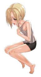 Rule 34 | 1girl, bare shoulders, barefoot, bike shorts, blonde hair, blush, brown eyes, collarbone, commentary request, ear piercing, earrings, female focus, full body, gengorou, hair over one eye, idolmaster, idolmaster cinderella girls, jewelry, no bra, open mouth, piercing, shirasaka koume, short hair, short shorts, shorts, simple background, sitting, solo, sweat, tank top, tongue, tongue out, white background