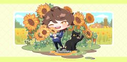 Rule 34 | 1boy, ahoge, argyle, argyle background, argyle clothes, artist name, black cat, black pants, blue jacket, blue sleeves, blush stickers, border, brown hair, cat, checkered clothes, checkered jacket, chibi, commission, day, english text, farm, field, flower, flower field, full body, grass, green background, green border, holding, holding flower, jacket, jewelry, kanlamari, letterboxed, long sleeves, looking at viewer, male focus, necklace, one eye closed, open mouth, original, outdoors, outline, outside border, pants, partially unzipped, shirt, short hair, smile, solo, sunflower, sunflower field, teeth, tree, upper teeth only, watermark, white outline, white shirt, yellow eyes, yellow flower