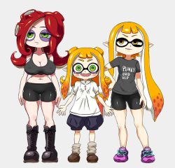 Rule 34 | 3girls, bike shorts, boots, breasts, green eyes, if they mated, inkling, inkling girl, inkling player character, large breasts, long hair, mother and daughter, multiple girls, nintendo, octoling, open mouth, pointy ears, red hair, shoes, sneakers, splatoon (series), splatoon 1, takozonesu, tank top, tentacle hair, wife and wife, yuta agc