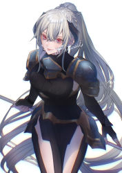 Rule 34 | 1girl, armor, au ra, warrior of light (ff14), commission, final fantasy, final fantasy xiv, fingernails, grey hair, hair between eyes, highres, holding, holding weapon, horns, long hair, lower teeth only, parted lips, pauldrons, ponytail, red eyes, shoulder armor, signature, simple background, smile, teeth, tobacco (tabakokobata), very long hair, weapon, white background