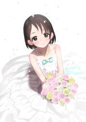 Rule 34 | 1girl, black hair, blush, bouquet, braid, buta tsuzumi, cherry blossoms, dress, earrings, falling petals, flower, highres, holding, holding bouquet, idolmaster, idolmaster cinderella girls, jewelry, light smile, looking at viewer, looking up, own hands together, petals, pink flower, pink rose, rose, sasaki chie, short hair, simple background, sleeveless, sleeveless dress, solo, white dress, white flower, white rose, yellow flower, yellow rose