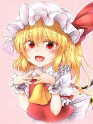 Rule 34 | 1girl, ascot, back bow, blonde hair, bow, crystal, fang, flandre scarlet, frilled sleeves, frills, hair between eyes, hat, highres, large bow, long hair, looking at viewer, marukyuu ameya, mob cap, multicolored wings, nail polish, open mouth, own hands together, pink background, puffy short sleeves, puffy sleeves, red eyes, red nails, red vest, shirt, short sleeves, simple background, sleeves past wrists, solo, steepled fingers, touhou, upper body, vest, white bow, white hat, white shirt, wings, yellow ascot