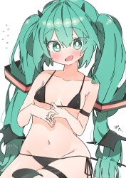 Rule 34 | 1girl, absurdres, aqua eyes, aqua hair, bikini, bikini pull, blush, breasts, bright pupils, clothes pull, commentary request, cosplay, demon tail, demon wings, flying sweatdrops, hatsune miku, highres, horns, long hair, looking at viewer, open mouth, simple background, skindentation, small breasts, solo, swimsuit, tail, thick thighs, thigh strap, thighs, translation request, twintails, uruti 2388, very long hair, vocaloid, white background, wide hips, wings