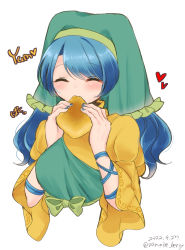 Rule 34 | 1girl, apron, arm ribbon, belt, blue hair, blue nails, blue ribbon, blush, bow, breasts, closed eyes, closed mouth, commentary request, dress, eating, fingernails, food, green apron, green belt, green bow, green headwear, green scarf, hands up, haniyasushin keiki, head scarf, heart, highres, jewelry, juliet sleeves, large breasts, long hair, long sleeves, magatama, magatama necklace, nail polish, necklace, ougi hina, puffy sleeves, ribbon, scarf, simple background, smile, solo, touhou, twitter username, upper body, white background, wide sleeves, yellow dress