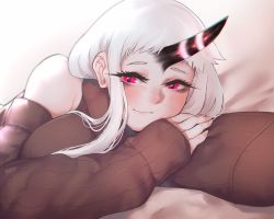 Rule 34 | 1girl, abyssal ship, blush, highres, horns, kantai collection, long hair, looking at viewer, lying, on side, red eyes, ribbed sweater, seaport princess, single horn, smile, solo, sweater, uni (oni unicorn), very long hair, white hair