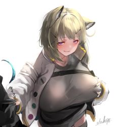 Rule 34 | 1girl, animal ear fluff, animal ears, arknights, grabbing another&#039;s breast, breasts, covered erect nipples, grabbing, grabbing own breast, green hair, half-closed eyes, huge breasts, no bra, purple eyes, smile, solo, usuki (graygreed), utage (arknights)