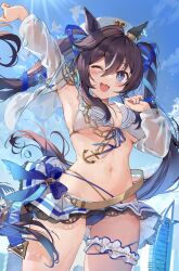 Rule 34 | 1girl, animal ears, arm up, bikini, bird, blue bikini, blue sky, brown hair, cloud, cloudy sky, day, hair between eyes, highres, horse ears, horse girl, horse tail, jacket, kita (kitairoha), long hair, long sleeves, looking at viewer, navel, one eye closed, open clothes, open jacket, open mouth, outdoors, partially submerged, see-through, sky, smile, solo, standing, swimsuit, tail, twintails, umamusume, vivlos (umamusume), water, wet