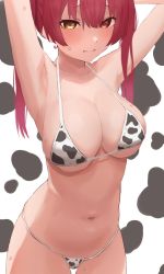 Rule 34 | 1girl, animal print, armpits, arms up, bad id, bad pixiv id, bikini, blush, breasts, cleavage, closed mouth, collarbone, cow print, heterochromia, highres, hololive, houshou marine, large breasts, long hair, looking at viewer, micro bikini, navel, norahiyoco, patterned background, raised eyebrows, red eyes, red hair, skindentation, solo, stomach, sweat, swimsuit, twintails, underboob, virtual youtuber, yellow eyes