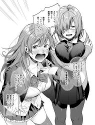 Rule 34 | 2girls, between breasts, blush, breasts, cosplay, covering privates, covering breasts, dress, fate/grand order, fate (series), glasses, greyscale, hair over one eye, hood, hood down, hooded jacket, jacket, kamiyama aya, large breasts, long hair, long sleeves, looking at viewer, mash kyrielight, monochrome, multiple girls, necktie, necktie between breasts, open clothes, open jacket, open mouth, original, pantyhose, pleated skirt, shielder (fate/grand order), shielder (fate/grand order) (cosplay), shirt, short hair, simple background, skirt, standing, thighhighs, translation request, white background, zettai ryouiki