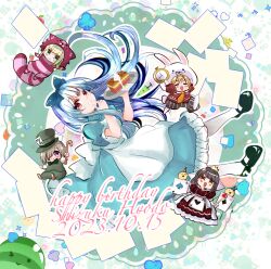 Rule 34 | 5girls, alternate costume, apron, blue bow, blue dress, blue hair, bow, cake, card, character name, chibi, closed mouth, club (shape), dated, doily, dress, enmaided, finger to mouth, floating, food, frilled dress, frills, from side, fruit, full body, hair bow, happy birthday, hat, heart, highres, holding, holding plate, hyodou shizuku, ichinose rei, idoly pride, kawasaki sakura (idoly pride), licking lips, looking at viewer, maid, multiple girls, plate, playing card, puffy short sleeves, puffy sleeves, red eyes, saeki haruko (idoly pride), shiraishi chisa, short sleeves, solo, sunny peace (idoly pride), tagawa maru, tongue, tongue out, top hat, watermelon, whipped cream, white apron