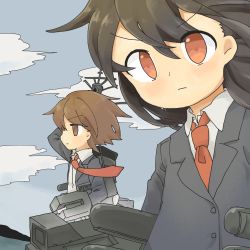 Rule 34 | 10s, 2girls, arm behind head, arms up, bad id, bad pixiv id, black hair, blazer, blue eyes, blue hair, blue sky, buttons, cloud, collared shirt, day, hatsushimo (kancolle), headgear, jacket, kantai collection, long hair, long sleeves, machinery, multiple girls, nanoji, necktie, red eyes, shirt, short hair, sky, wakaba (kancolle)