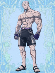 Rule 34 | 1boy, abs, asymmetrical hair, bare pectorals, belt, black male swimwear, black pants, blazbluefairy, chain, character request, colored skin, dairoku ryouhei, facial scar, fingerless gloves, full body, gloves, grey skin, highres, large pectorals, looking at viewer, male focus, male swimwear, mature male, medium hair, muscular, muscular male, navel, no nipples, official art, pants, pectorals, purple belt, sandals, scar, scar on arm, scar on cheek, scar on chest, scar on face, scar on stomach, sideburns, sidecut, solo, spiked hair, stomach, swim trunks, undercut, white hair