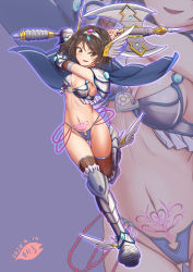 Rule 34 | 1girl, alternate costume, armor, armored boots, axe, battle axe, bikini armor, blush, boots, breasts, brown eyes, brown hair, cape, dated, full body, hairband, holding, holding axe, holding weapon, kantai collection, leg up, moke ro, open mouth, pubic tattoo, purple background, short hair, signature, simple background, solo, tanikaze (kancolle), tattoo, thighhighs, weapon